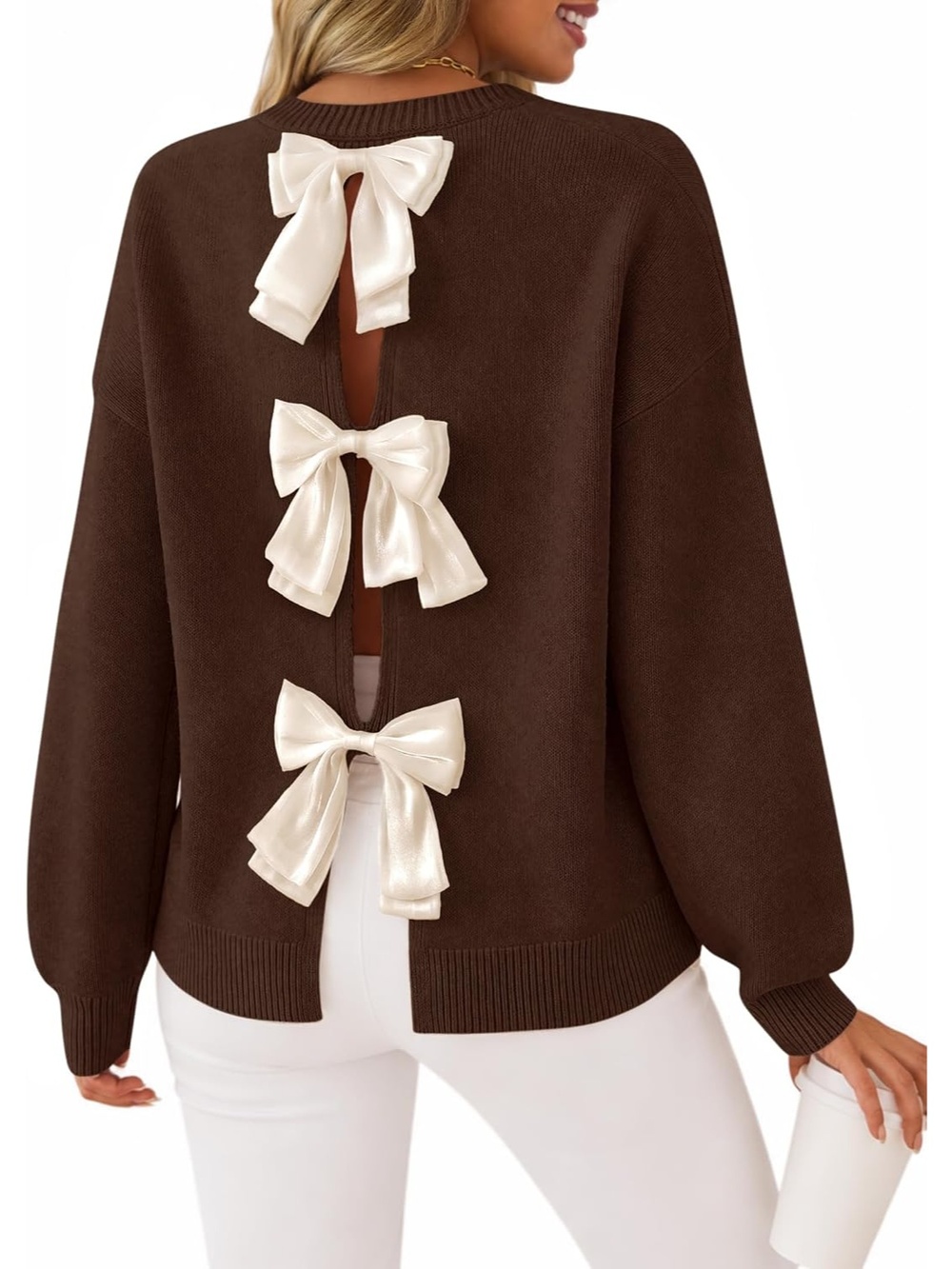 🆕 Women's Cocoa Brown Fall Bow Knot Oversized Casual Pullover Sweaters